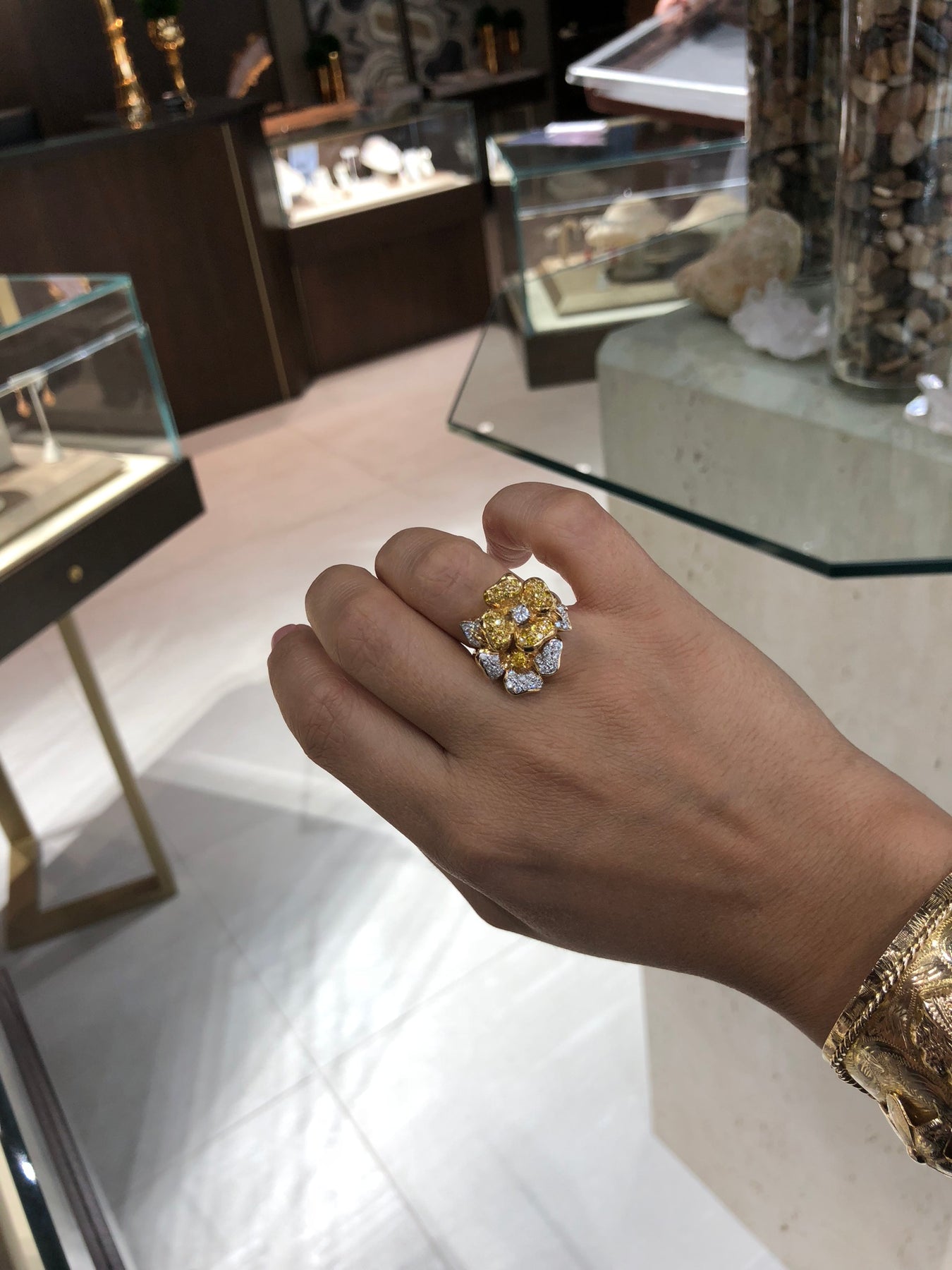 Jay Feder 18K Two Tone Gold White Yellow Diamond Flower Ring – Jay